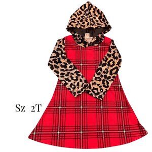 Christmas Dress, Long Sleeve, Red Plaid, Leopard Print, Hood A-line, Sz 2T